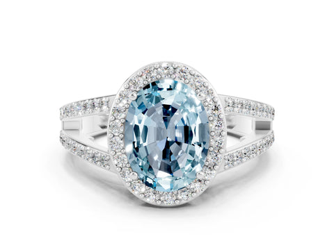 White gold Oval Cut Aquamarine Halo Ring with Split Shank U-Prong Band and Four-Prong Setting