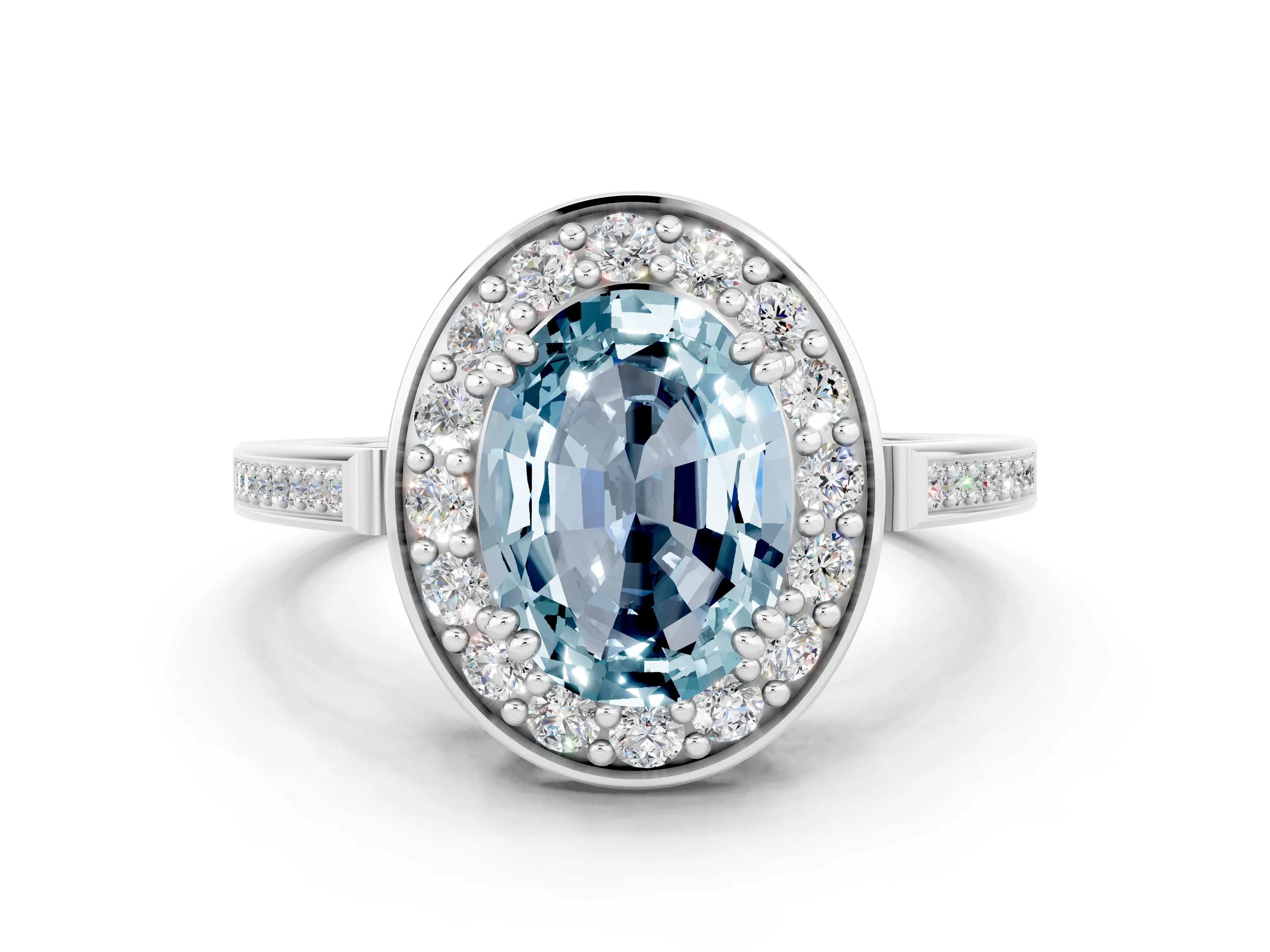 White gold Oval Cut Aquamarine Halo Ring with Split Shank and Four-Prong Setting_12