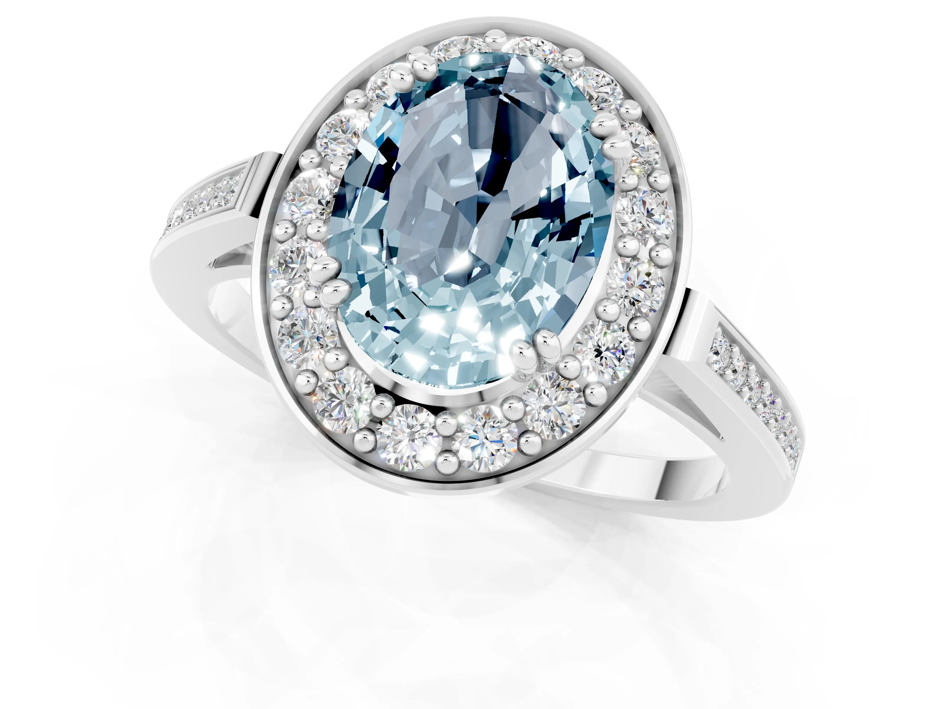 White gold Oval Cut Aquamarine Halo Ring with Split Shank and Four-Prong Setting_13
