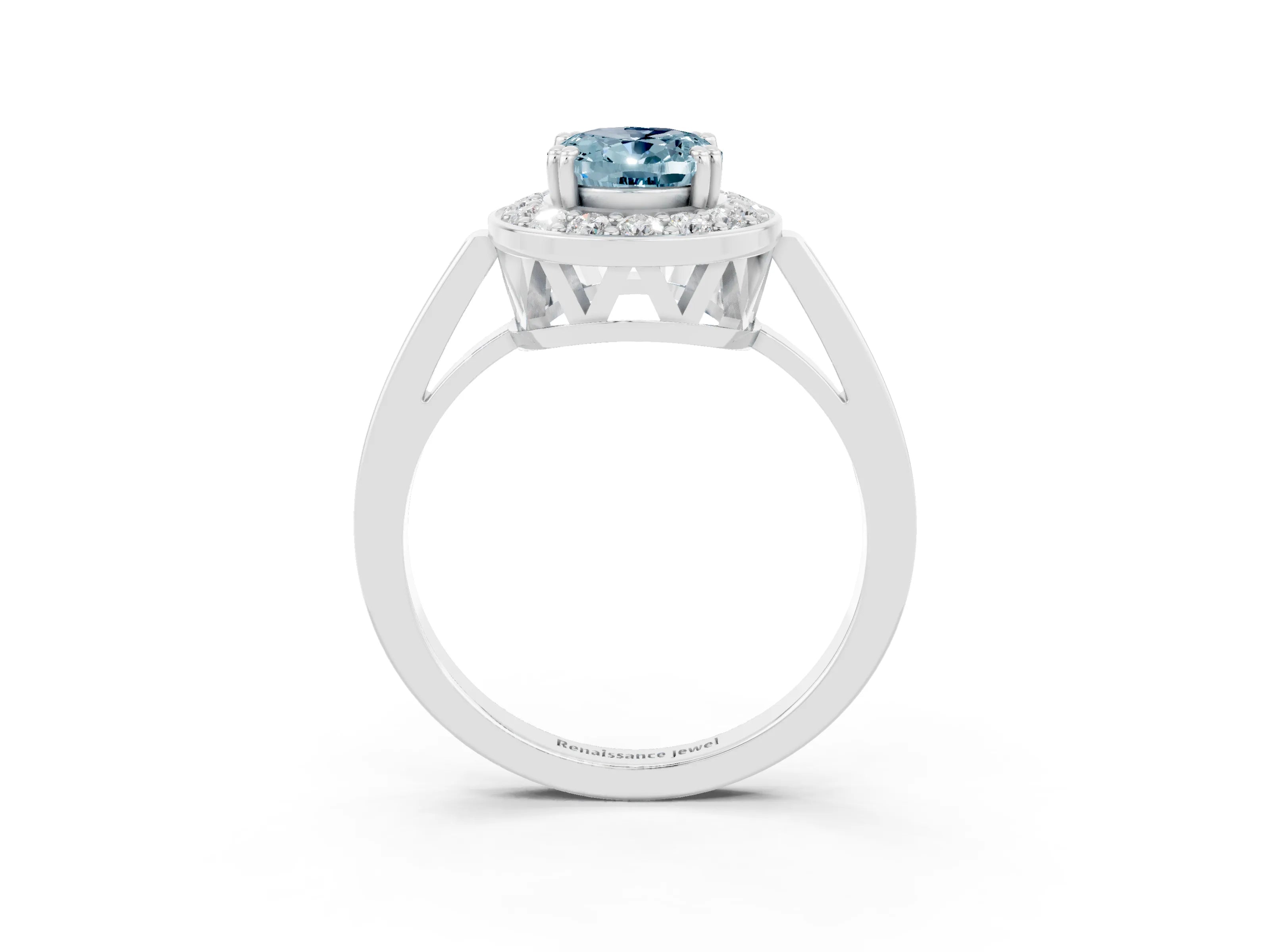 White gold Oval Cut Aquamarine Halo Ring with Split Shank and Four-Prong Setting_15
