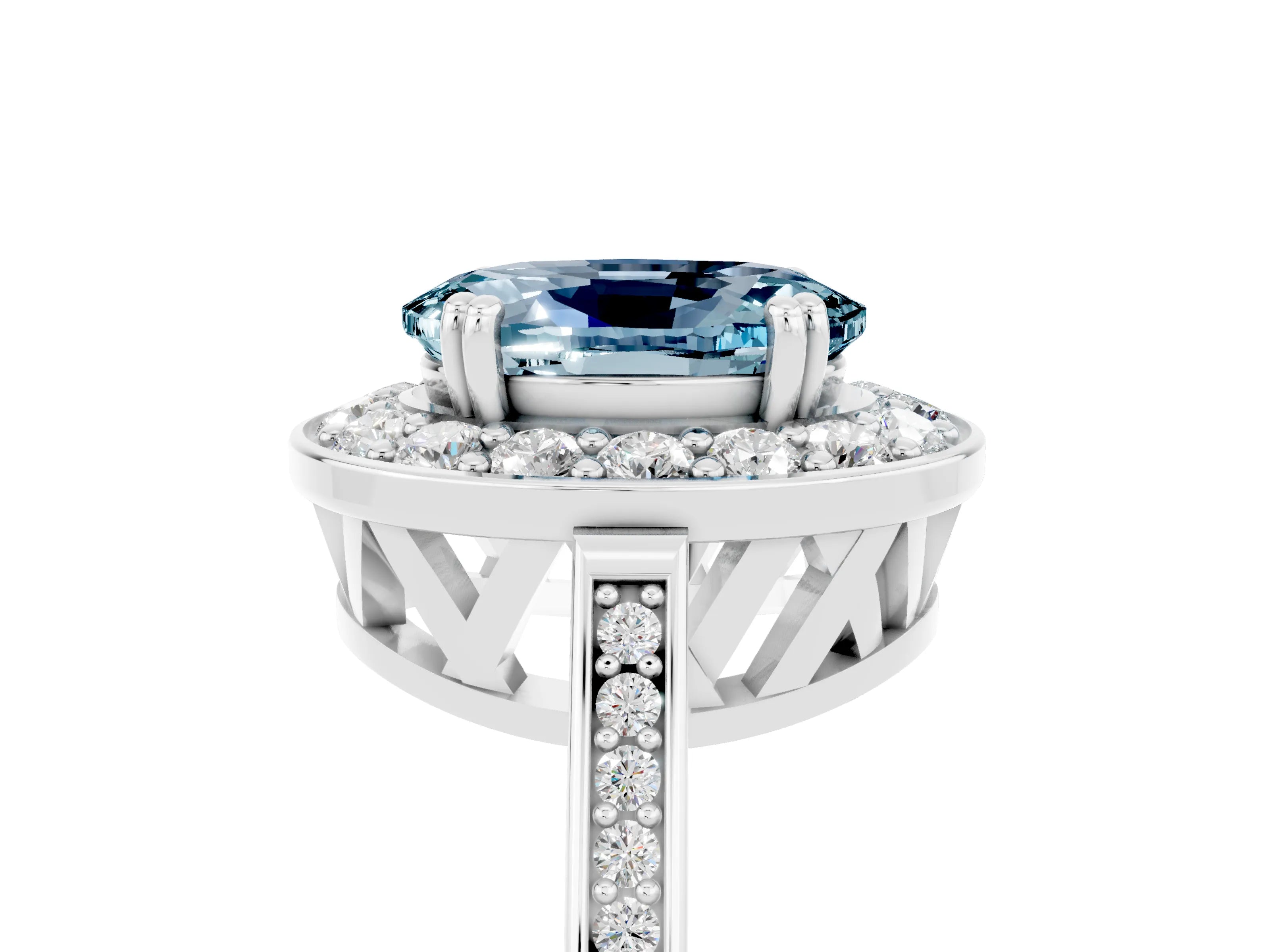 White gold Oval Cut Aquamarine Halo Ring with Split Shank and Four-Prong Setting_17