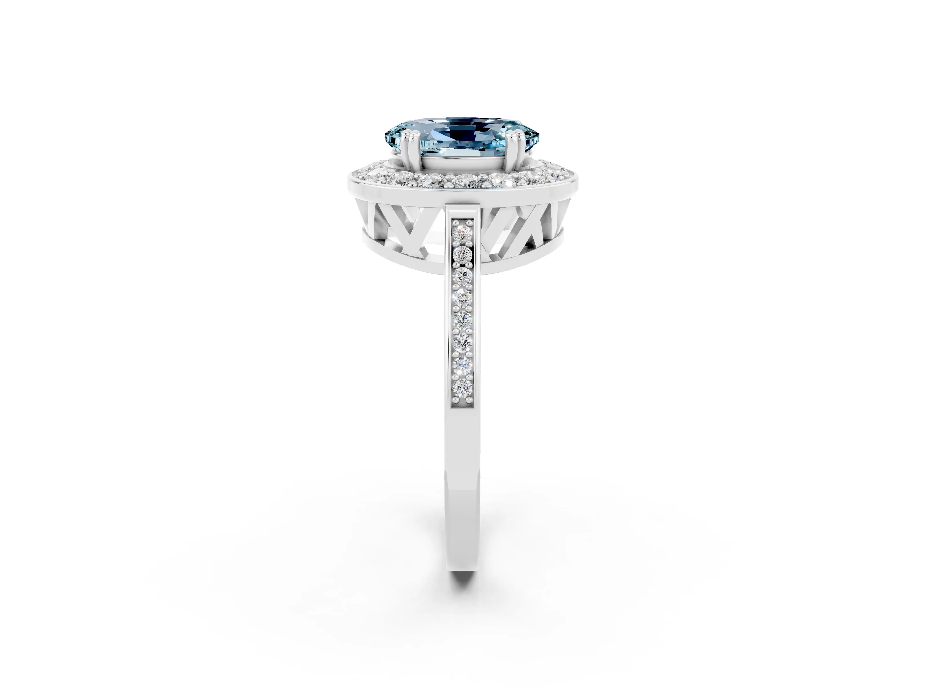 White gold Oval Cut Aquamarine Halo Ring with Split Shank and Four-Prong Setting_2