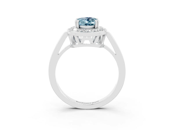 Platinum Oval Cut Aquamarine Halo Ring with Split Shank and Four-Prong Setting