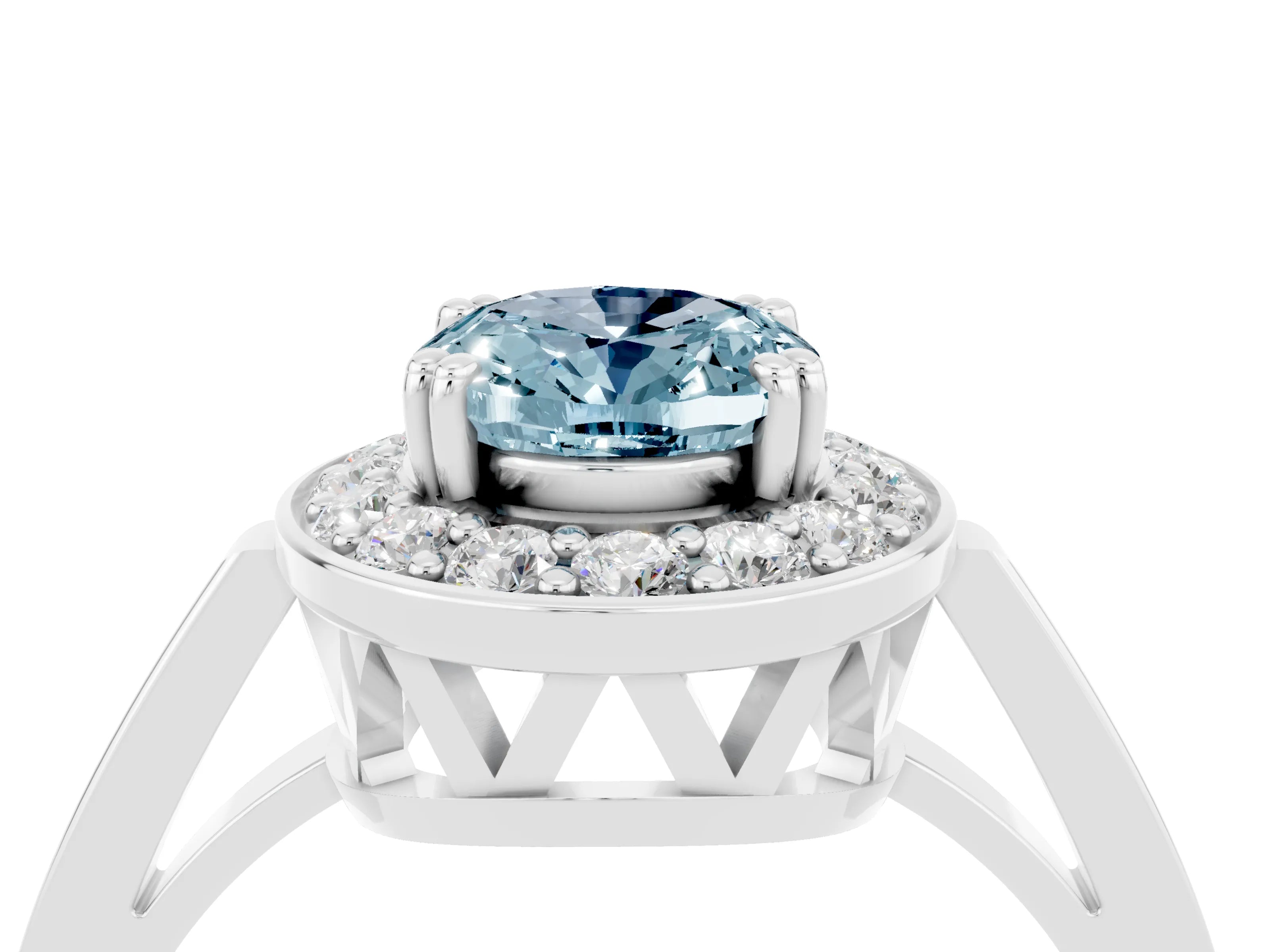 White gold Oval Cut Aquamarine Halo Ring with Split Shank and Four-Prong Setting_4