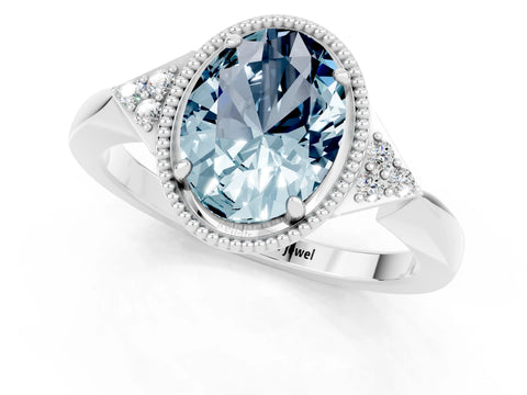 White gold Oval Cut Aquamarine Halo Ring with Tapered Band and Four-Prong Setting_1