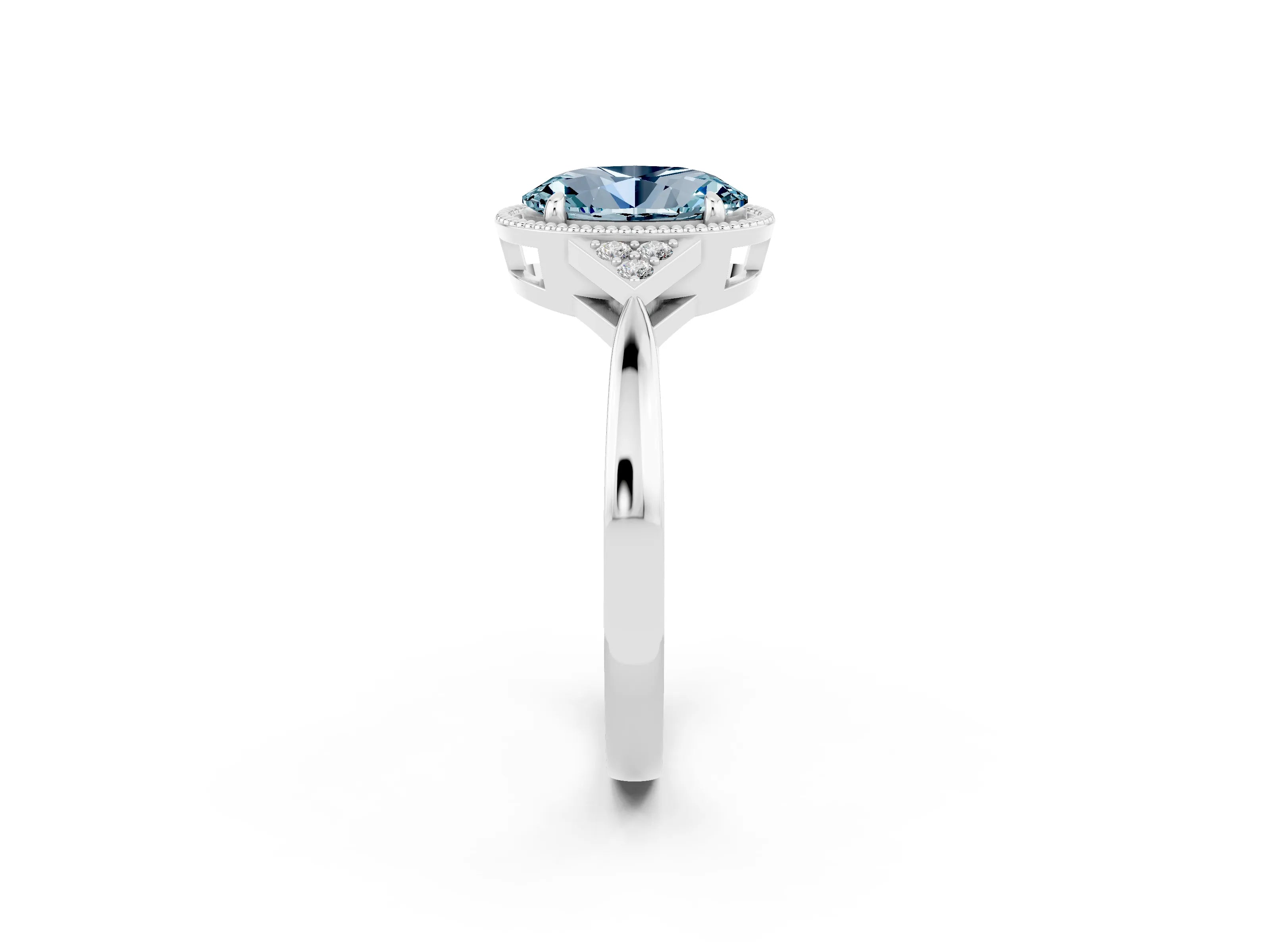 White gold Oval Cut Aquamarine Halo Ring with Tapered Band and Four-Prong Setting_2