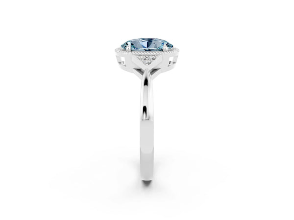 White gold Oval Cut Aquamarine Halo Ring with Tapered Band and Four-Prong Setting