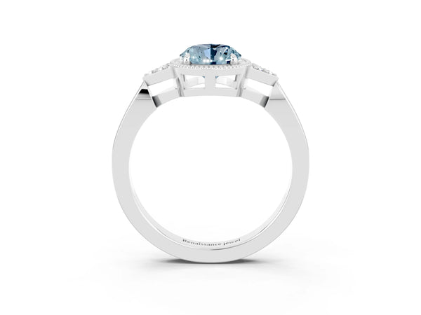 Platinum Oval Cut Aquamarine Halo Ring with Tapered Band and Four-Prong Setting