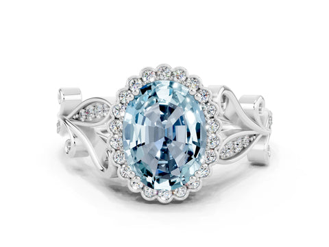 White gold Oval Cut Aquamarine Halo Ring with Vintage Split Shank and Four-Prong Setting_24