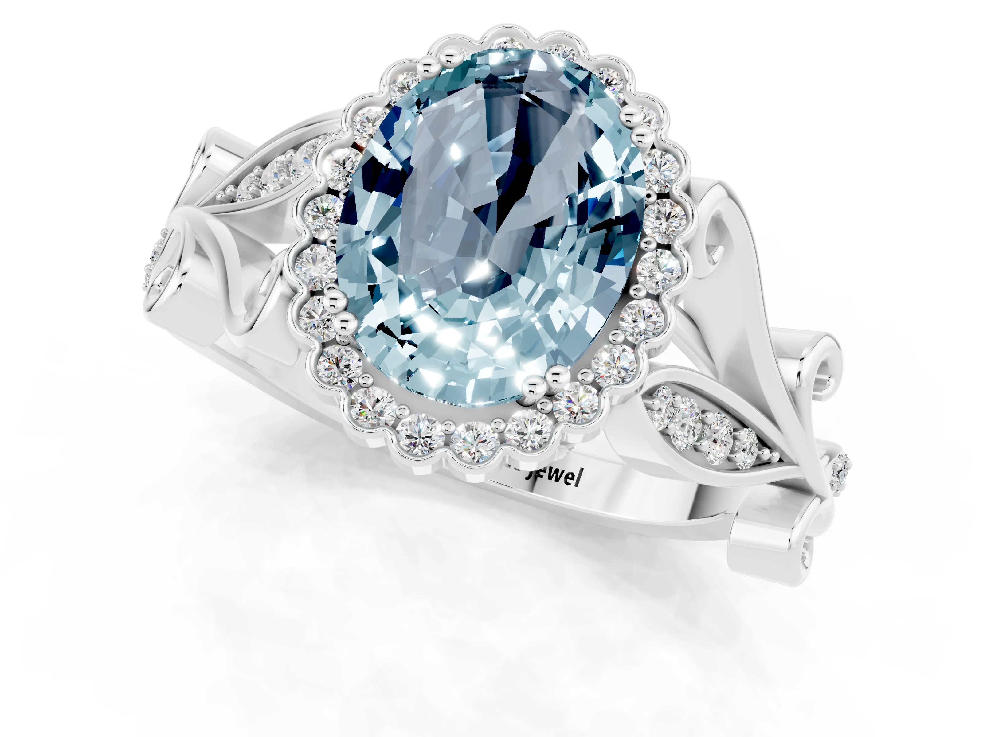 White gold Oval Cut Aquamarine Halo Ring with Vintage Split Shank and Four-Prong Setting_25