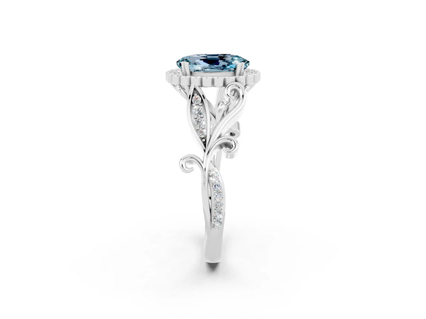 White gold Oval Cut Aquamarine Halo Ring with Vintage Split Shank and Four-Prong Setting
