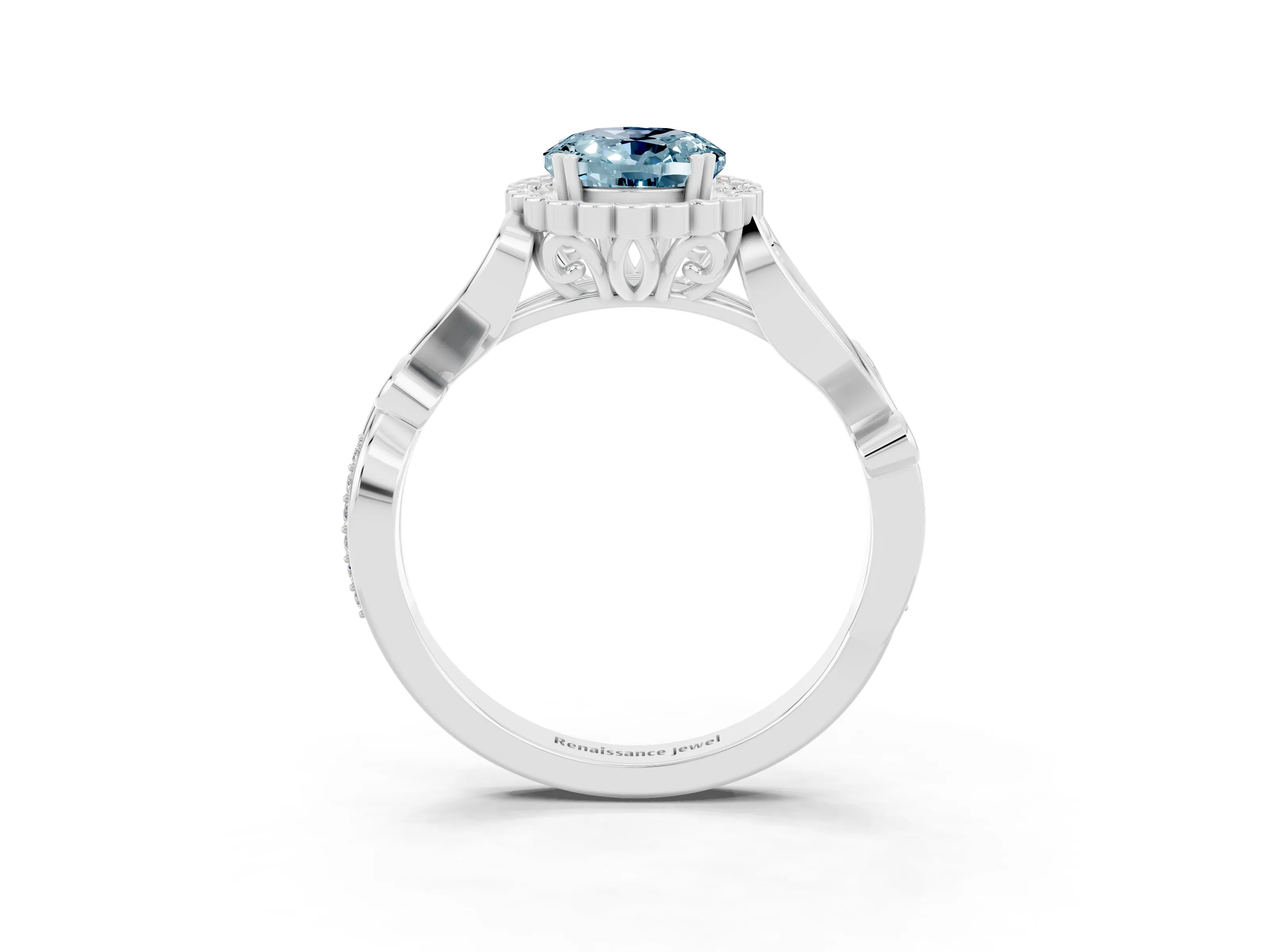 White gold Oval Cut Aquamarine Halo Ring with Vintage Split Shank and Four-Prong Setting_27