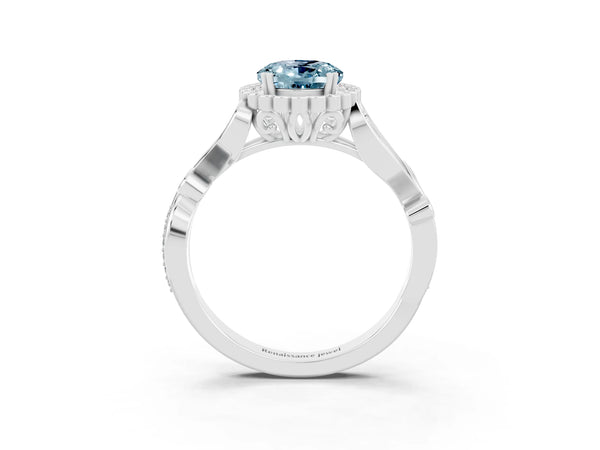 White gold Oval Cut Aquamarine Halo Ring with Vintage Split Shank and Four-Prong Setting