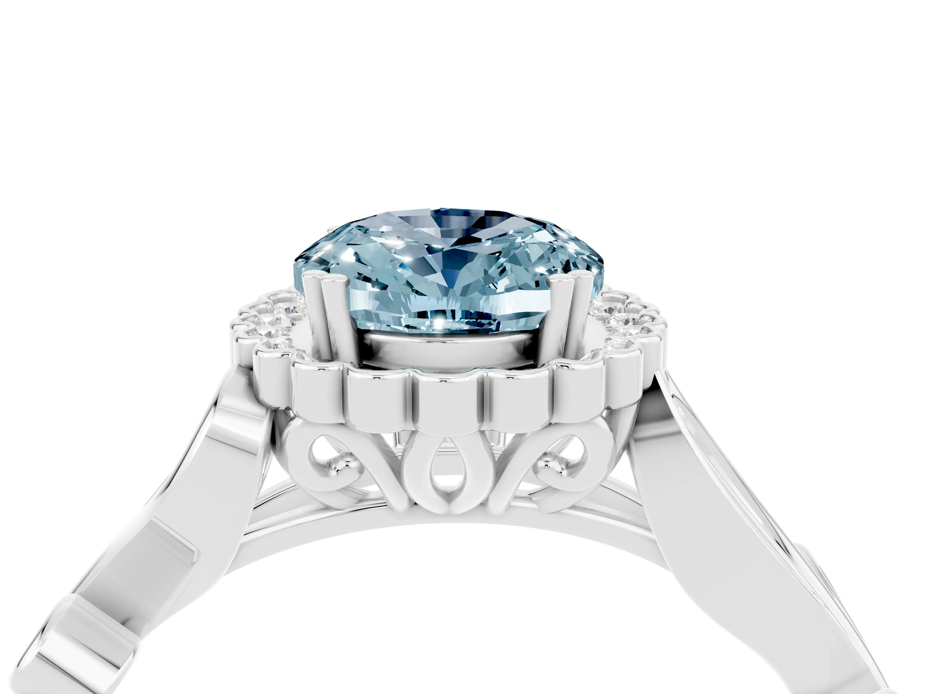 White gold Oval Cut Aquamarine Halo Ring with Vintage Split Shank and Four-Prong Setting_28