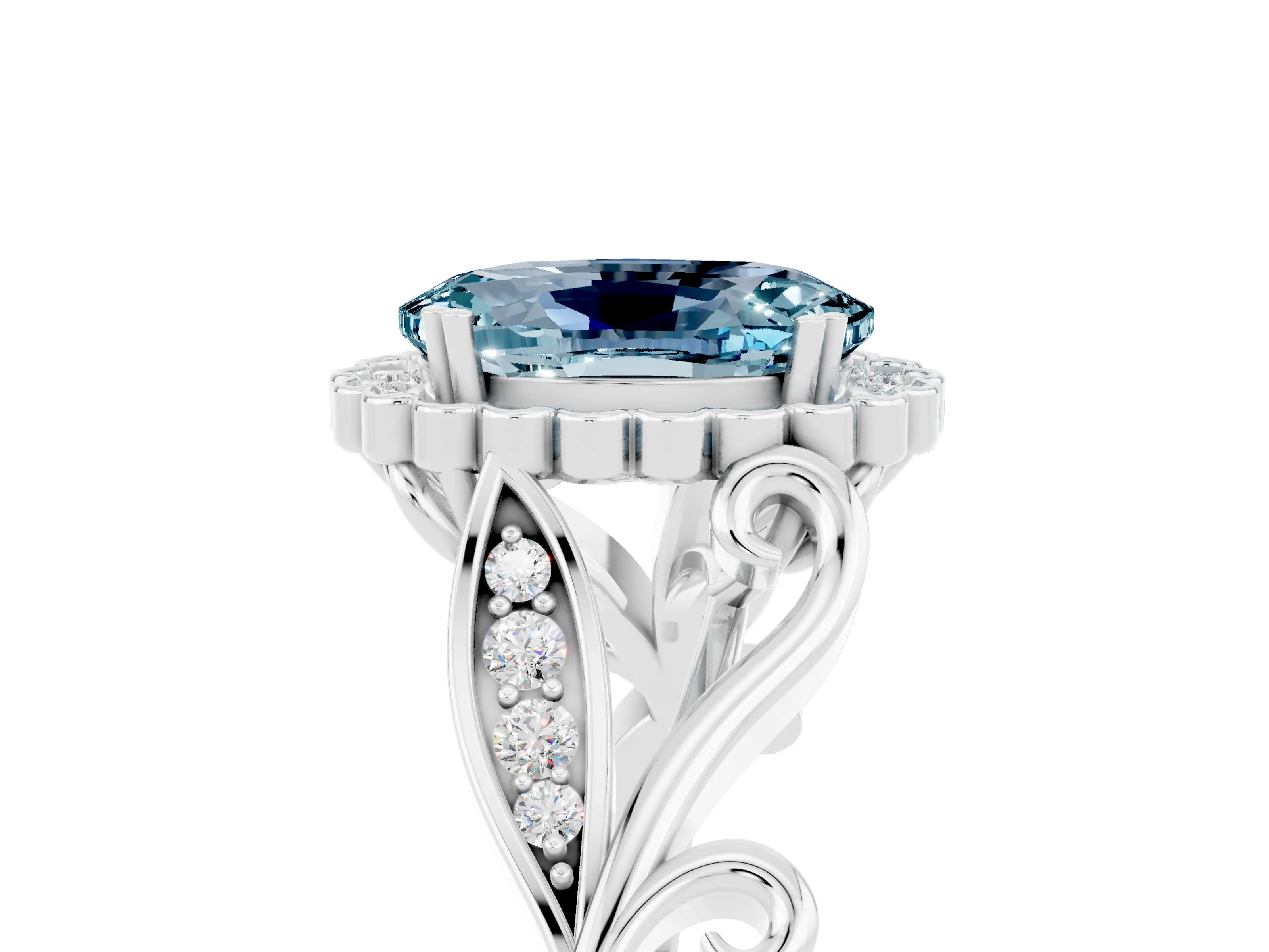White gold Oval Cut Aquamarine Halo Ring with Vintage Split Shank and Four-Prong Setting_29