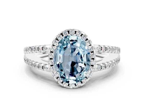 Silver Oval Cut Aquamarine Halo Split Shank Engagement Ring