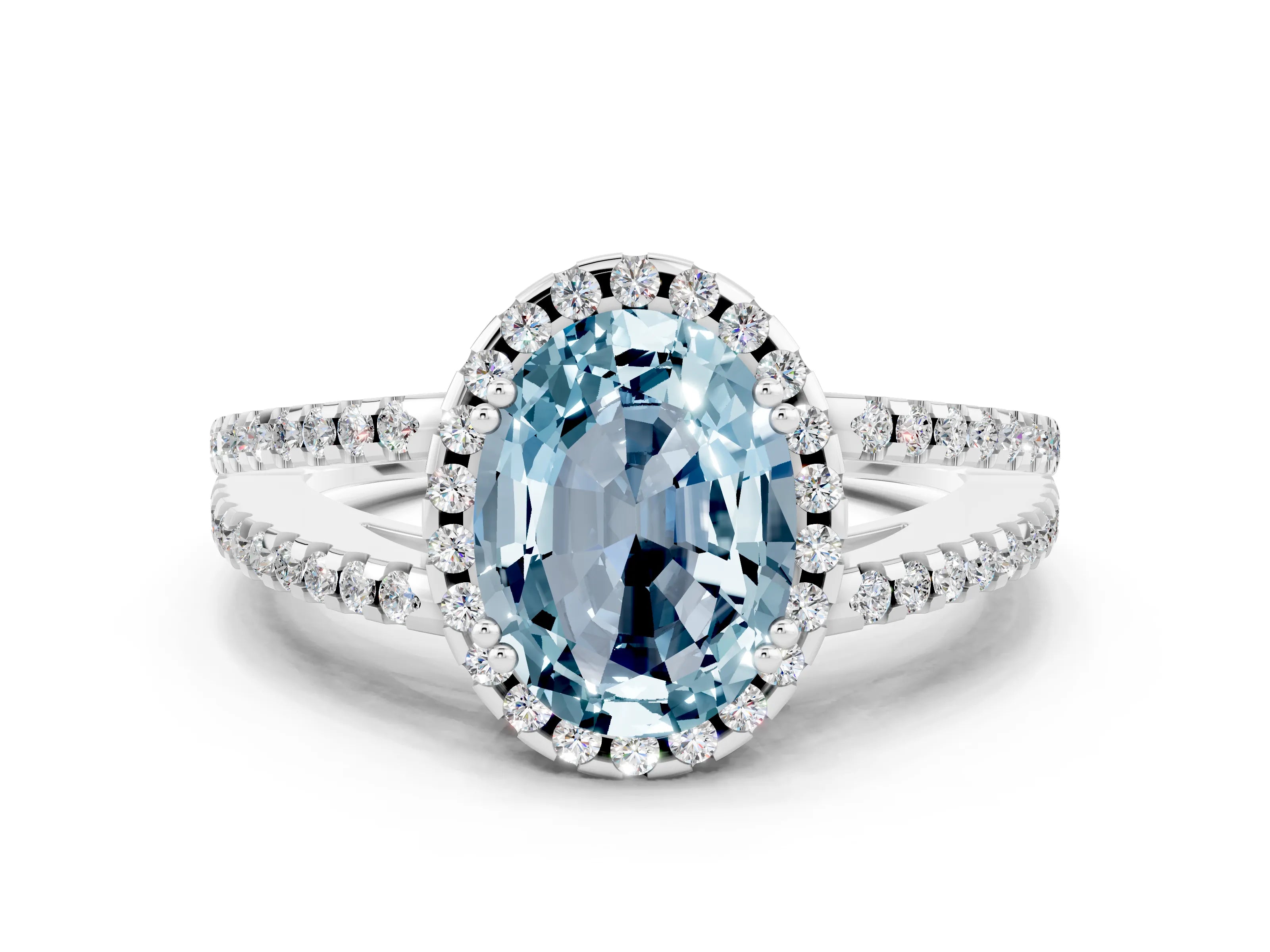 White gold Oval Cut Aquamarine Halo Split Shank Engagement Ring_12
