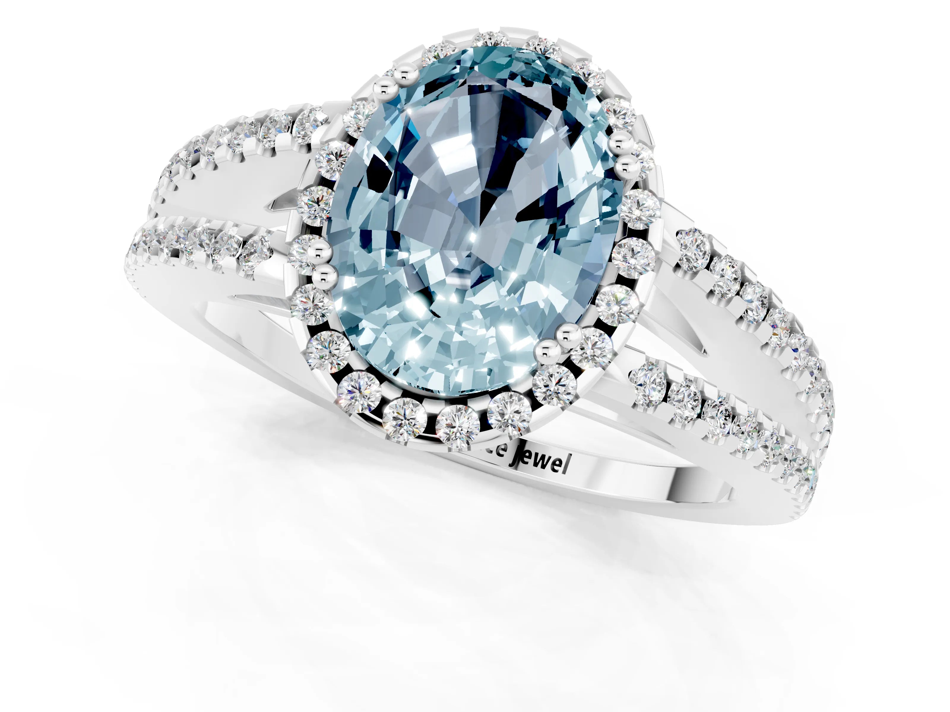 White gold Oval Cut Aquamarine Halo Split Shank Engagement Ring_13