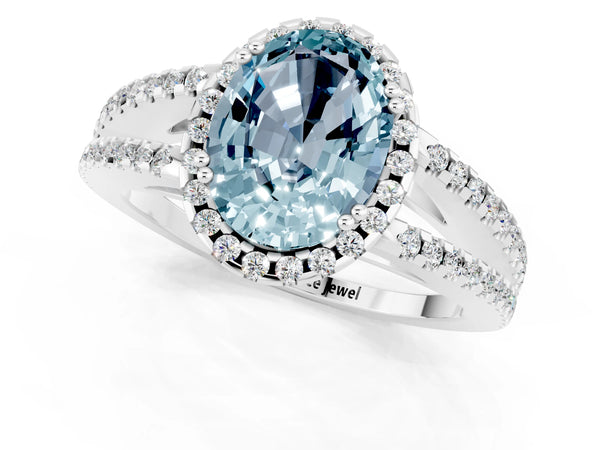 Silver Oval Cut Aquamarine Halo Split Shank Engagement Ring