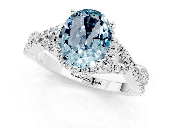 Platinum Oval Cut Aquamarine  Halo Twist Band Solitaire Prong Setting Ring