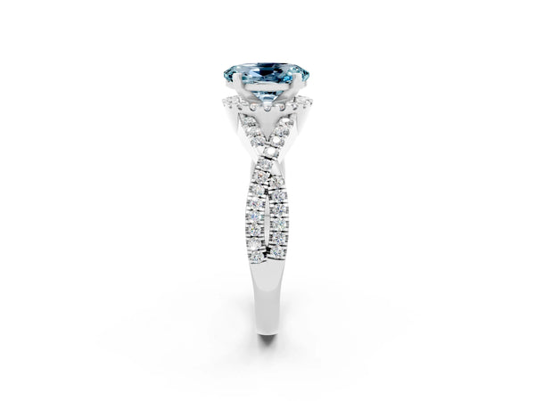 Platinum Oval Cut Aquamarine  Halo Twist Band Solitaire Prong Setting Ring
