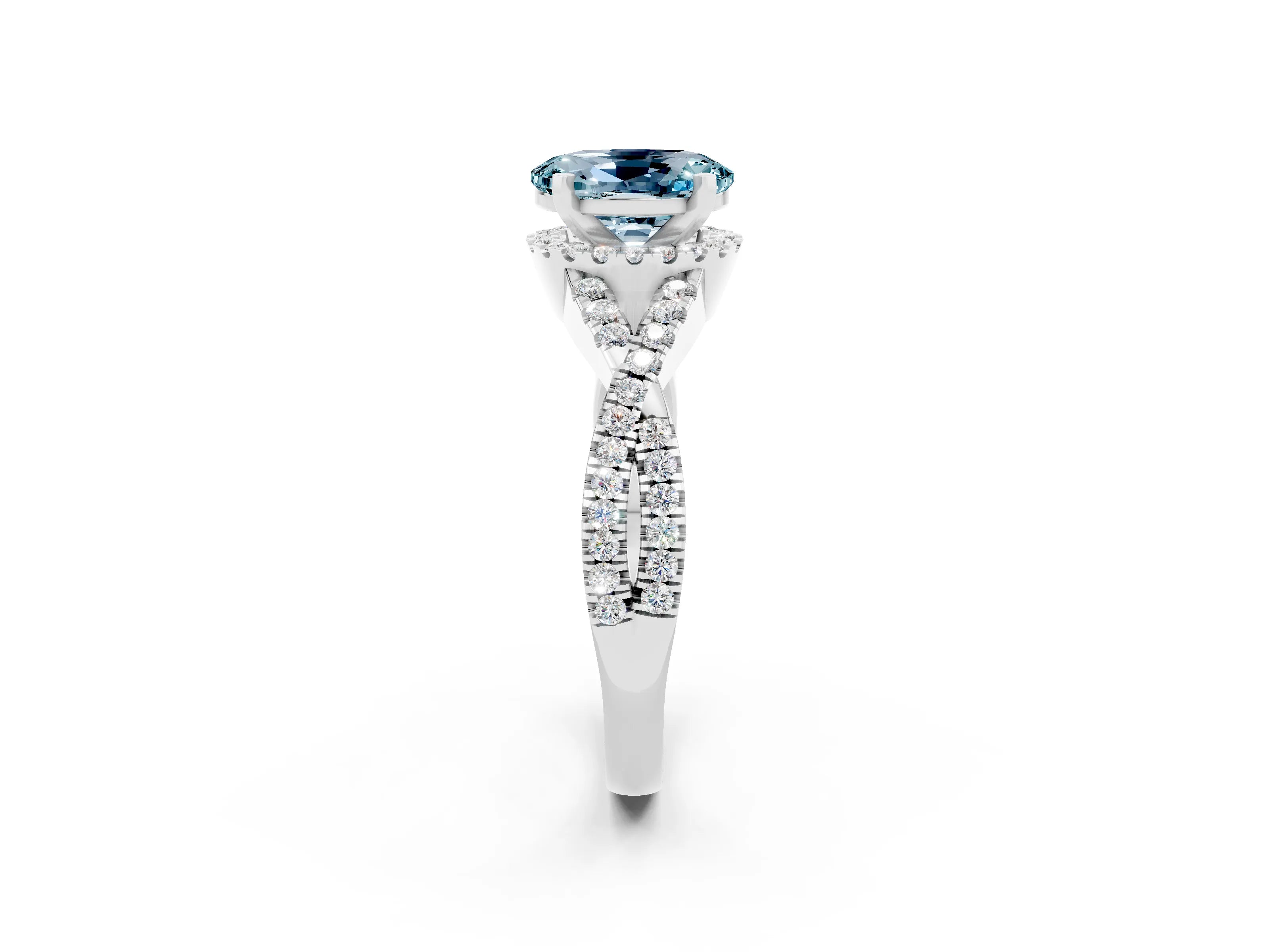 White gold Oval Cut Aquamarine Halo Twist Band Solitaire Prong Setting Ring_2