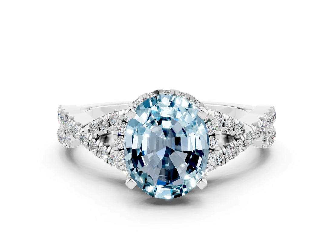 White gold Oval Cut Aquamarine  Halo Twist Band Solitaire Prong Setting Ring_48
