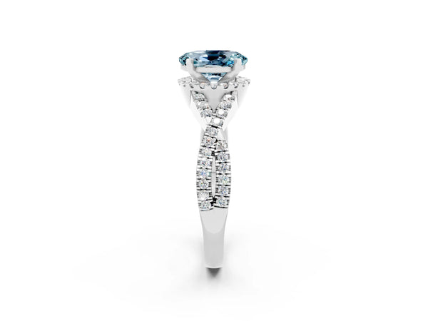 White gold Oval Cut Aquamarine  Halo Twist Band Solitaire Prong Setting Ring