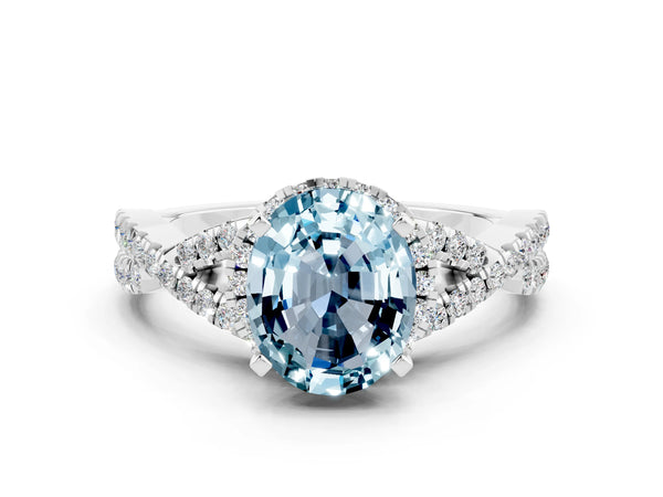 Silver Oval Cut Aquamarine  Halo Twist Band Solitaire Prong Setting Ring