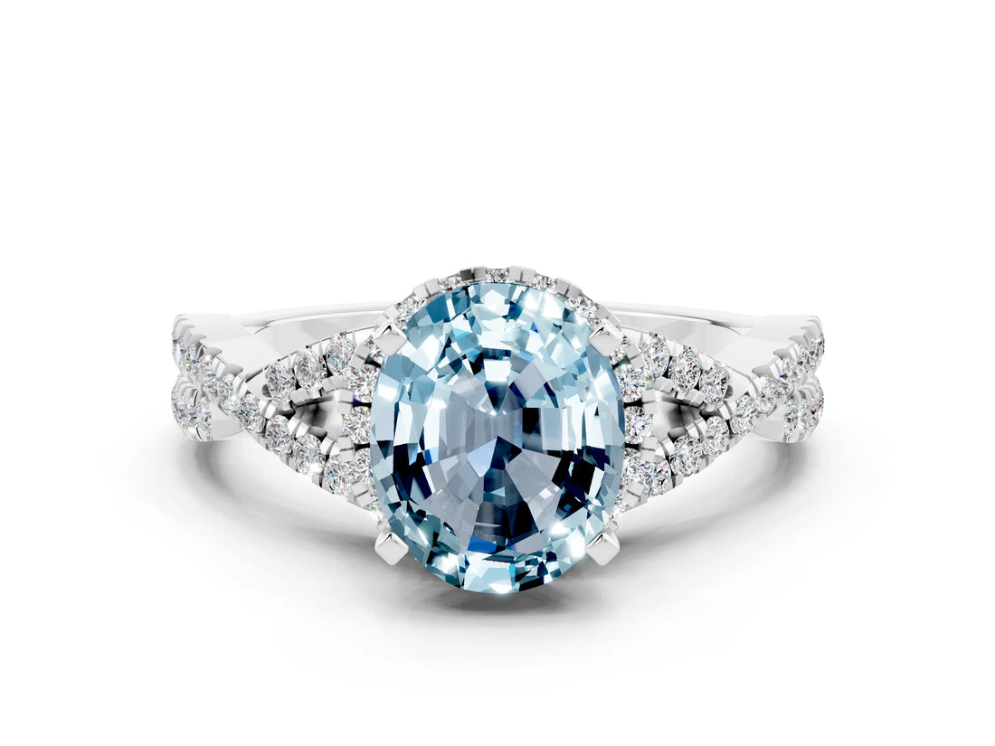 White gold Oval Cut Aquamarine Halo Twist Band Solitaire Prong Setting Ring