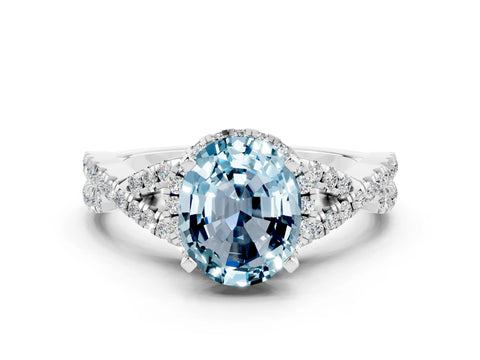 White gold Oval Cut Aquamarine Halo Twist Band Solitaire Prong Setting Ring