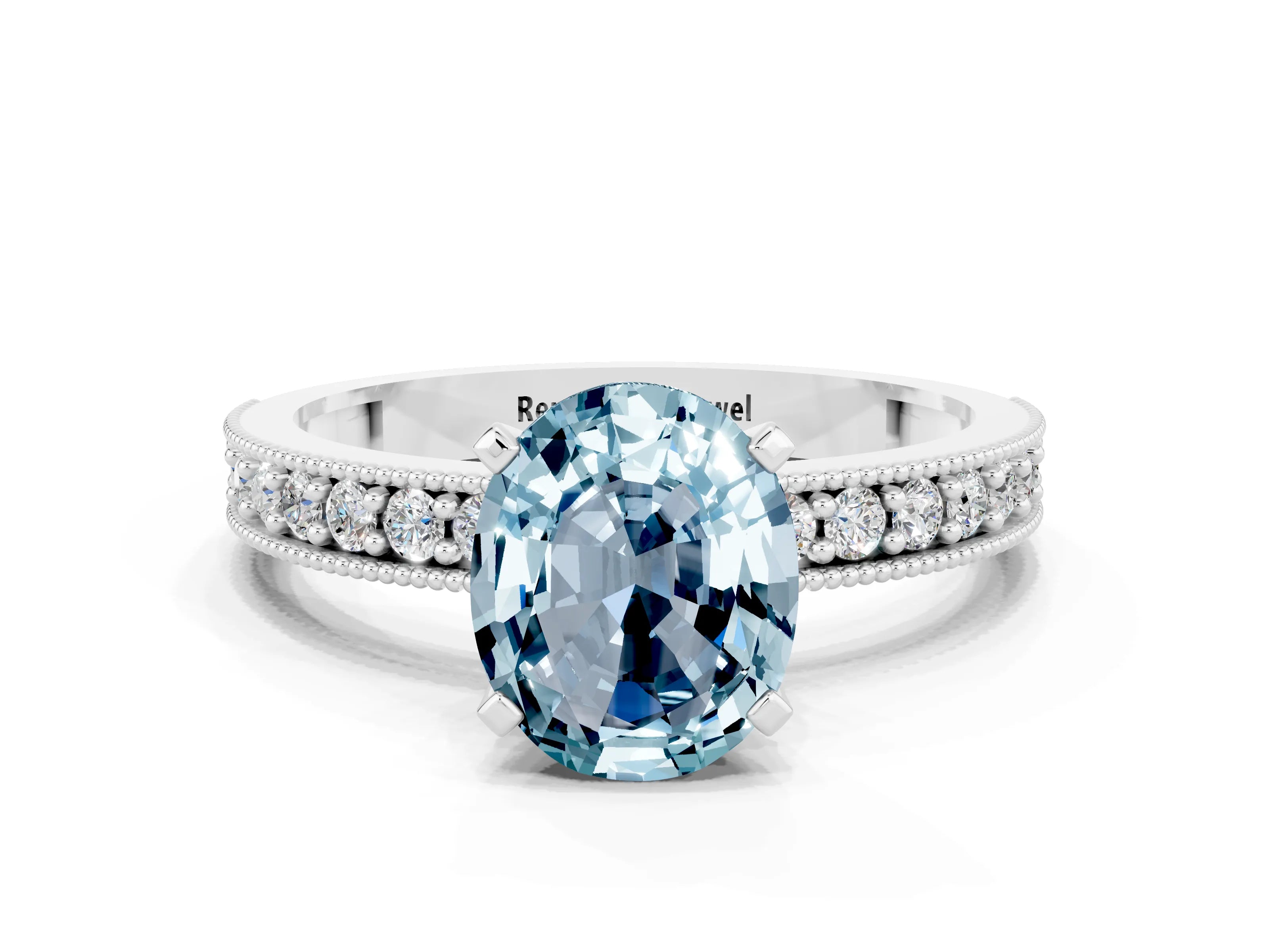 White gold Oval Cut Aquamarine Milgrain Pavé Engagement Ring with Four-Prong Setting_12