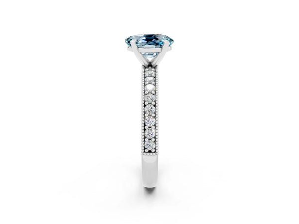 White gold Oval Cut Aquamarine Milgrain Pavé Engagement Ring with Four-Prong Setting