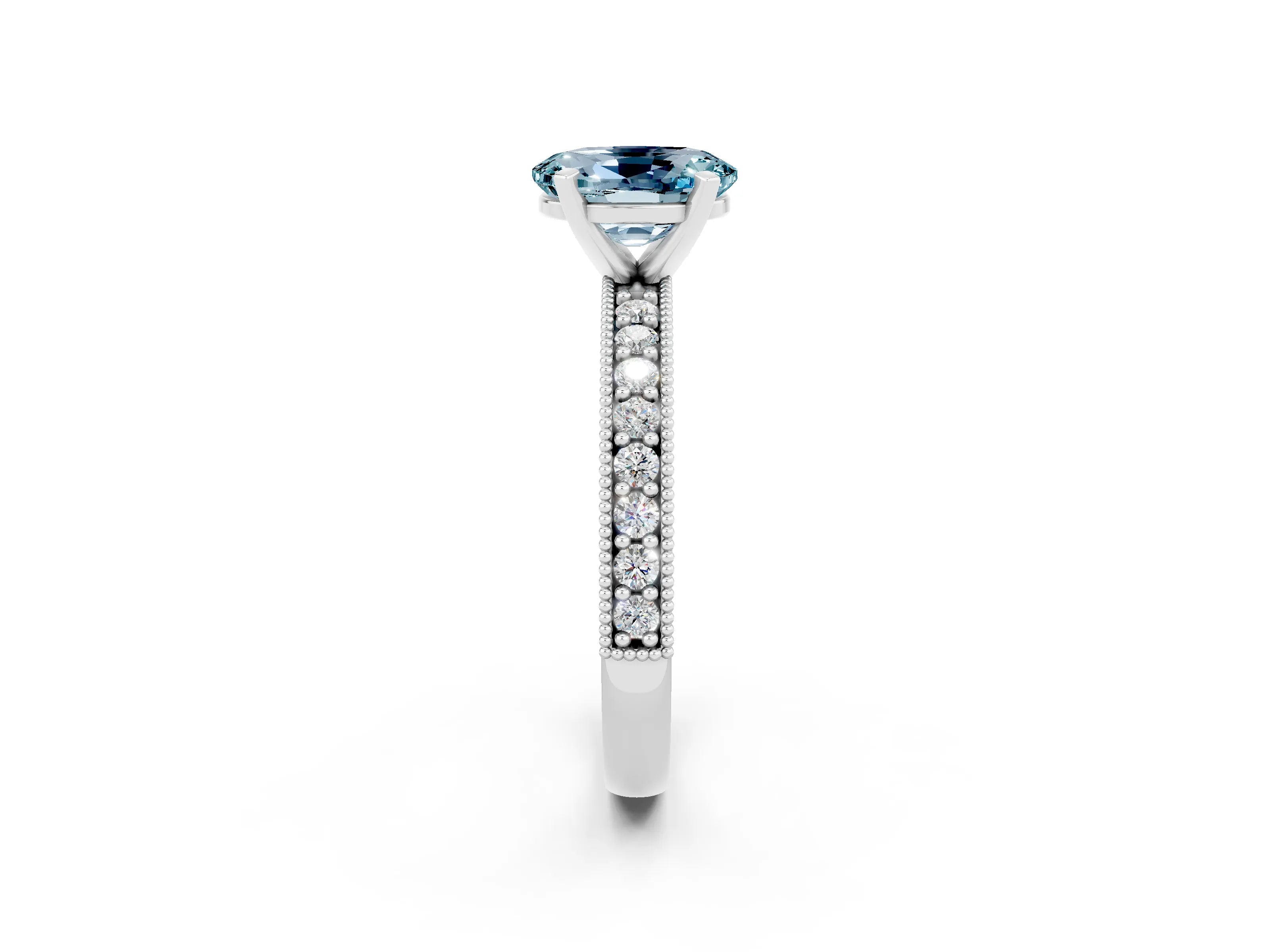 White gold Oval Cut Aquamarine Milgrain Pavé Engagement Ring with Four-Prong Setting_14