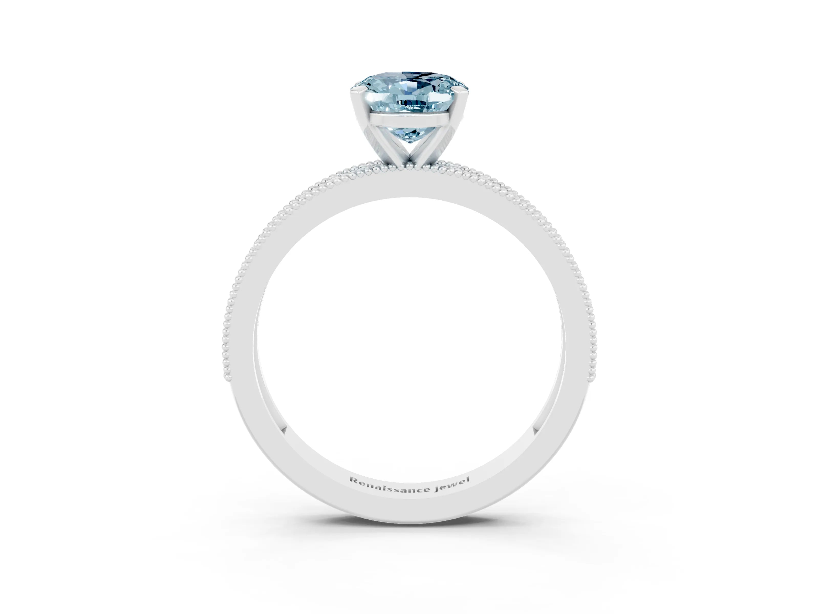White gold Oval Cut Aquamarine Milgrain Pavé Engagement Ring with Four-Prong Setting_15