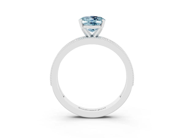 White gold Oval Cut Aquamarine Milgrain Pavé Engagement Ring with Four-Prong Setting