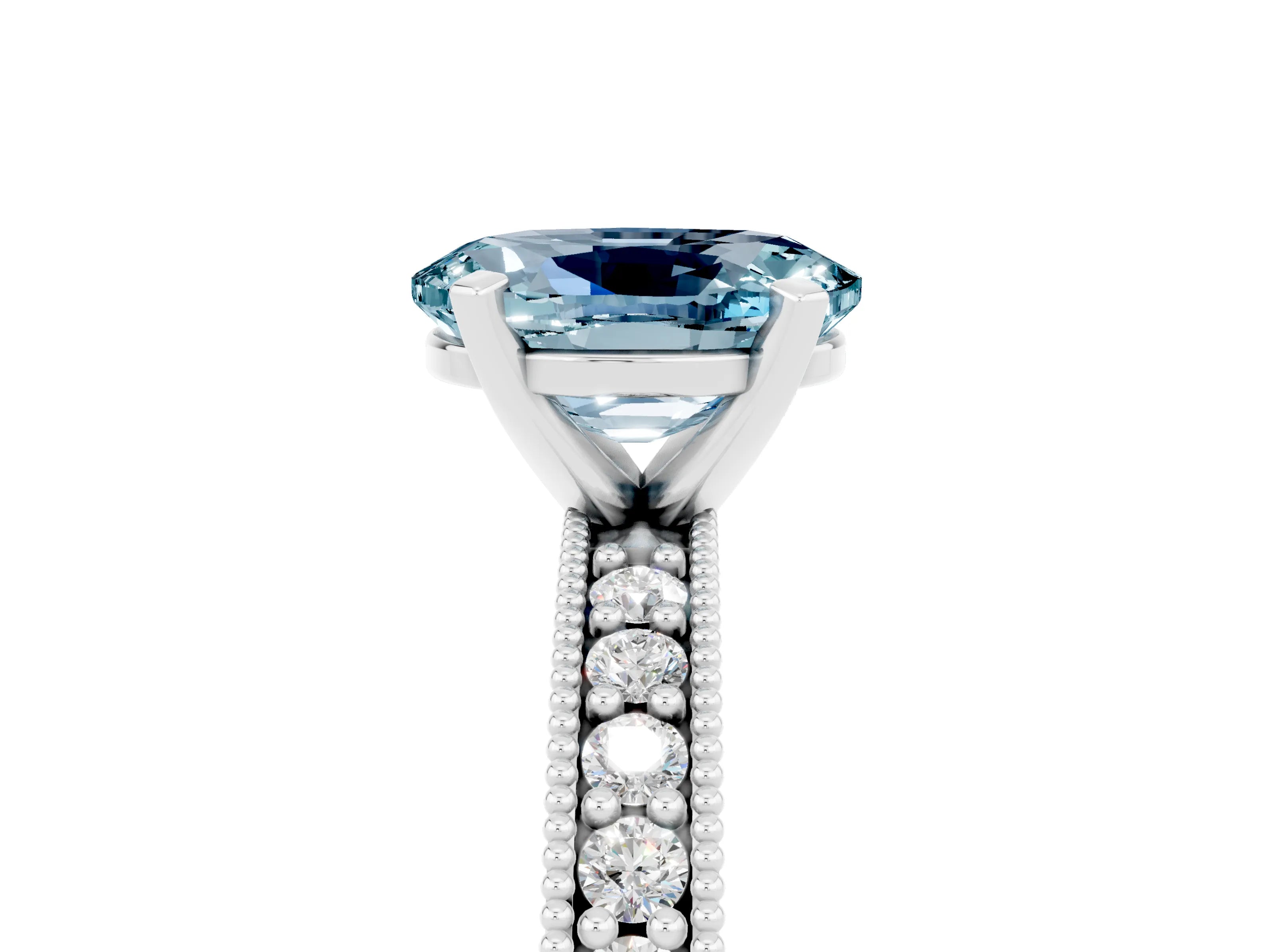 White gold Oval Cut Aquamarine Milgrain Pavé Engagement Ring with Four-Prong Setting_17