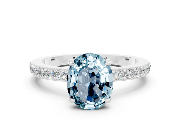 Platinum Oval Cut Aquamarine Pavé Engagement Ring with Round  Accents and Prong Setting