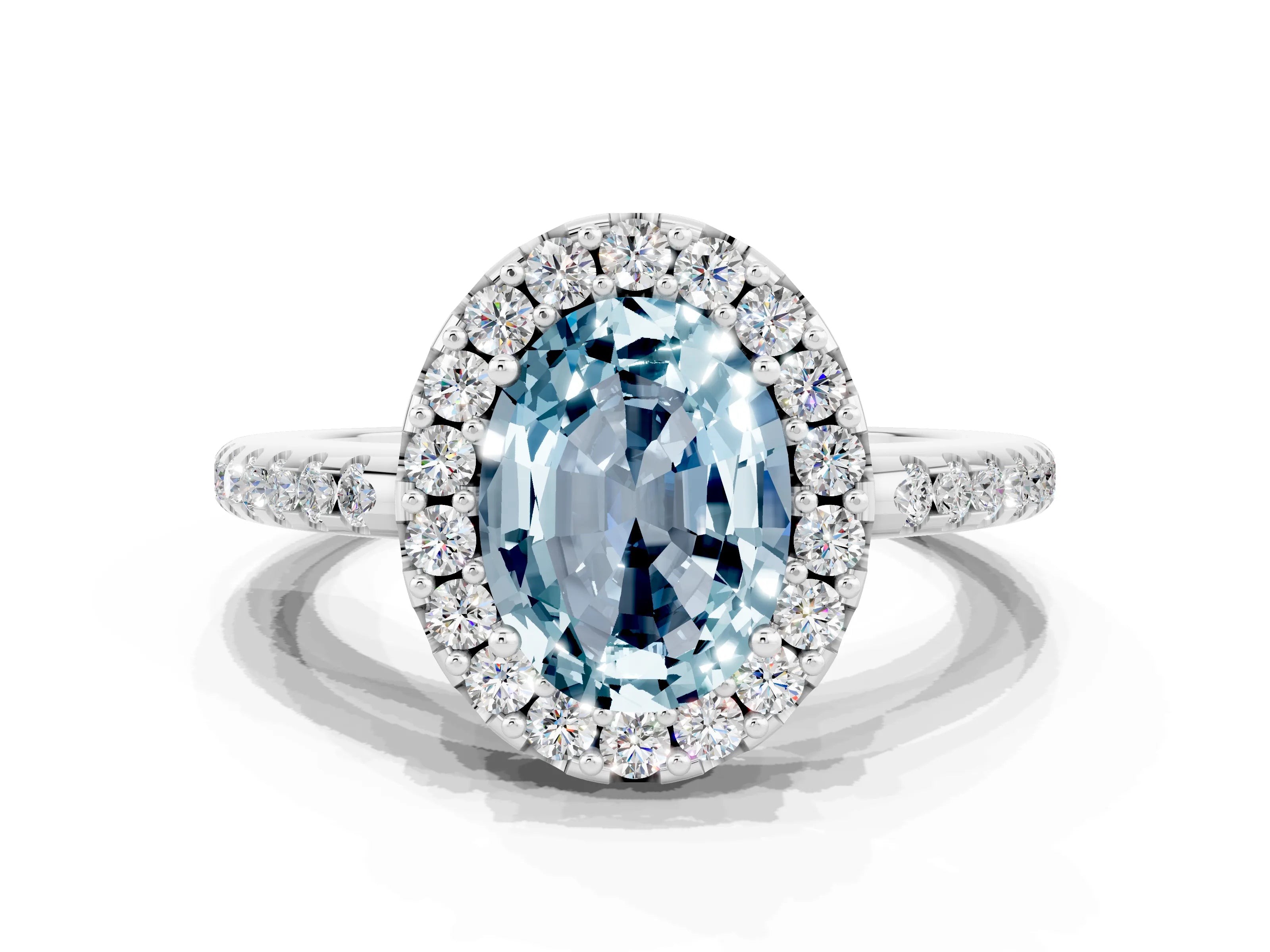 White gold Oval Cut Aquamarine Pavé Halo Ring with Four-Prong Setting_12