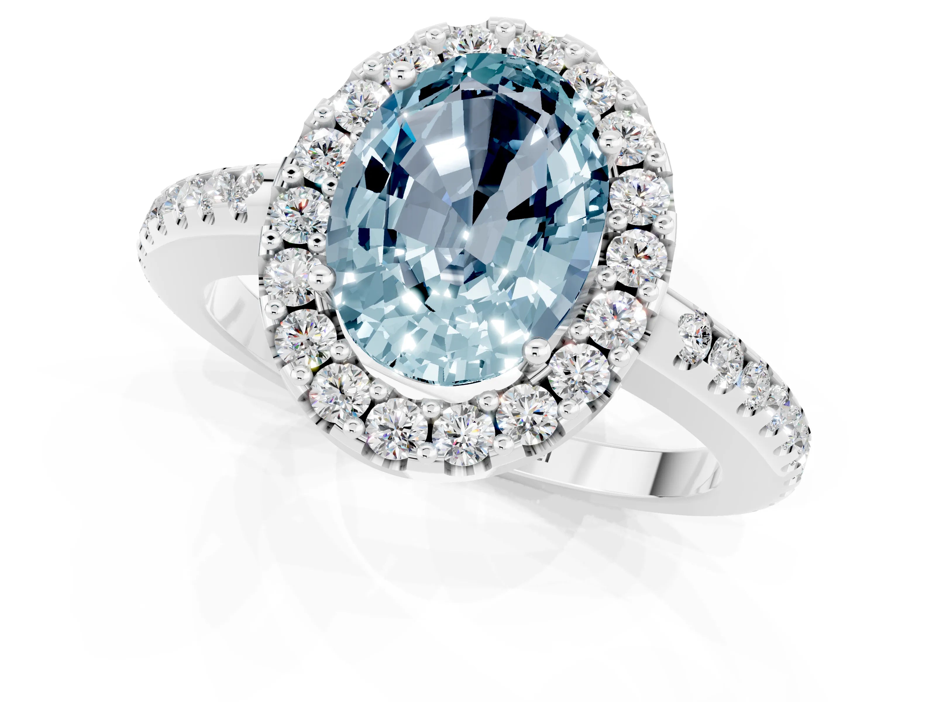 White gold Oval Cut Aquamarine Pavé Halo Ring with Four-Prong Setting_13