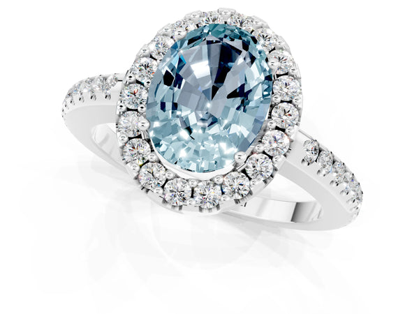 Silver Oval Cut Aquamarine Pavé Halo Ring with Four-Prong Setting