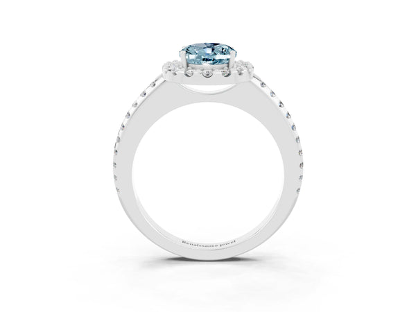 Platinum Oval Cut Aquamarine Pavé Halo Ring with Four-Prong Setting