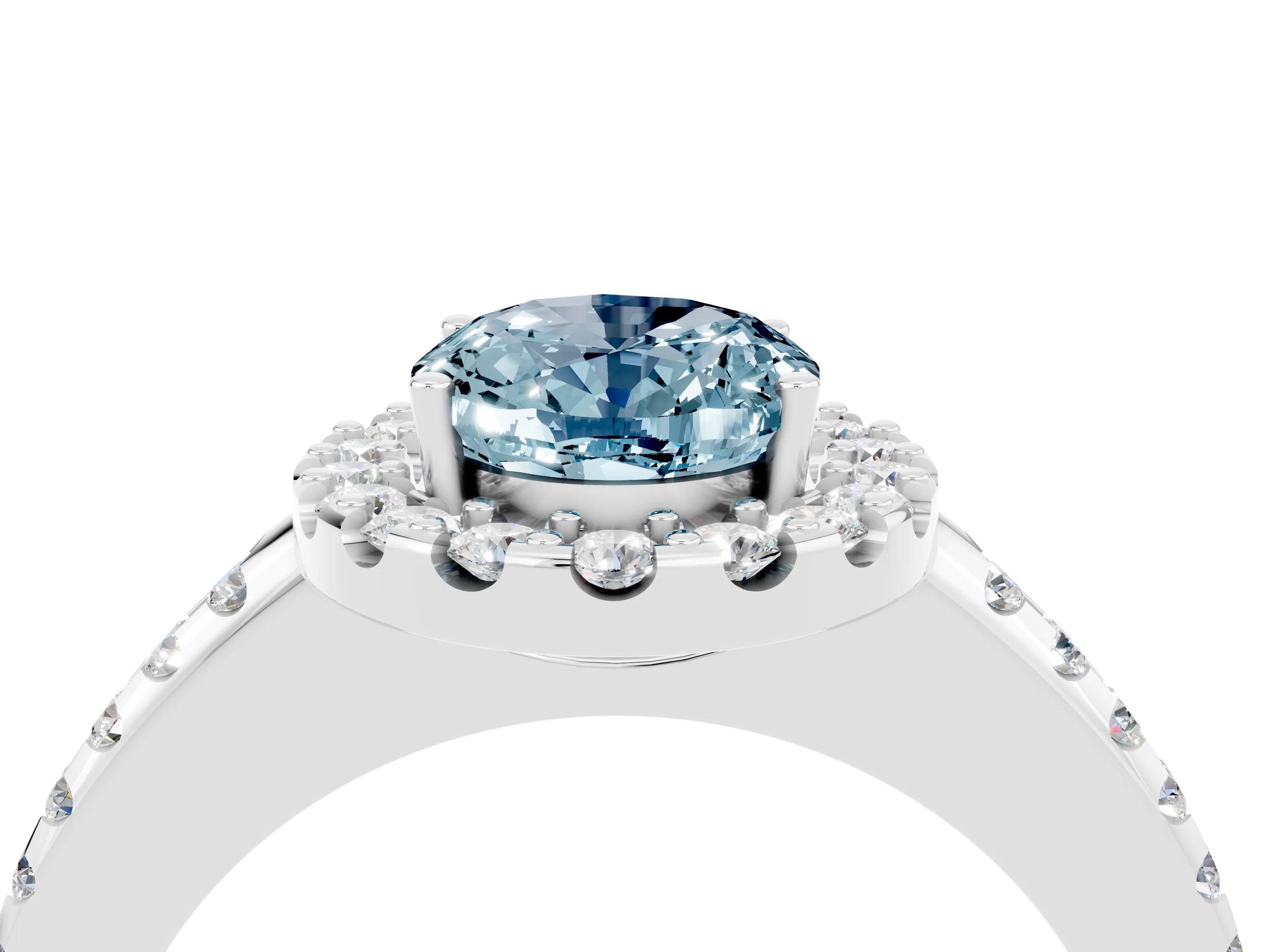 White gold Oval Cut Aquamarine Pavé Halo Ring with Four-Prong Setting_16