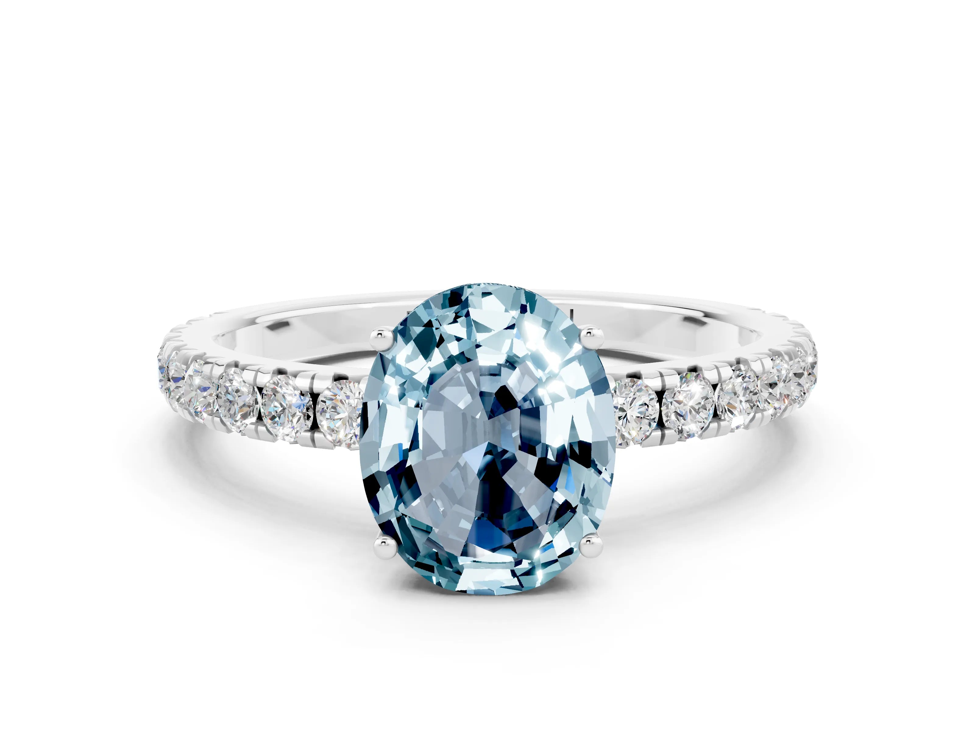 White gold Oval Cut Aquamarine Pavé Solitaire Engagement Ring with Four-Prong Setting_12