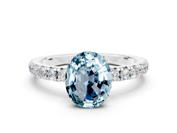 White gold Oval Cut Aquamarine Pavé Solitaire Engagement Ring with Four-Prong Setting