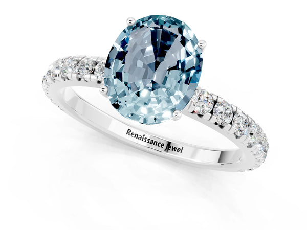 Platinum Oval Cut Aquamarine Pavé Solitaire Engagement Ring with Four-Prong Setting