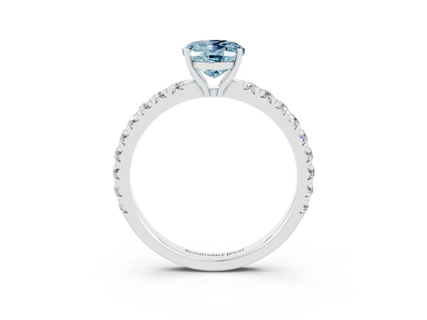 Platinum Oval Cut Aquamarine Pavé Solitaire Engagement Ring with Four-Prong Setting