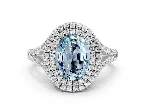 White gold Oval Cut Aquamarine Pavé Split Shank Double Halo Engagement Ring