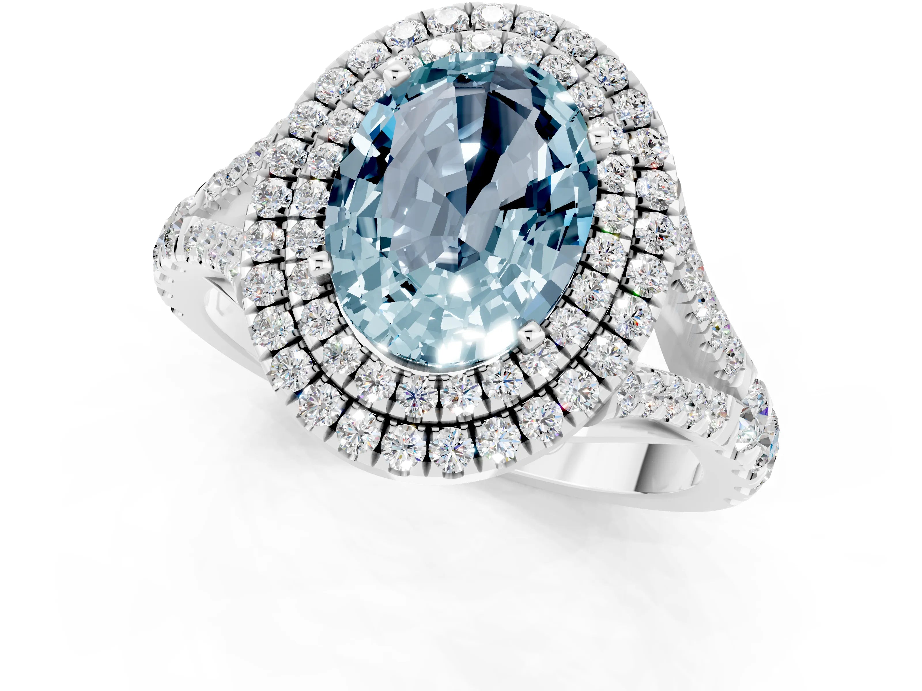 White gold Oval Cut Aquamarine Pavé Split Shank Double Halo Engagement Ring_1