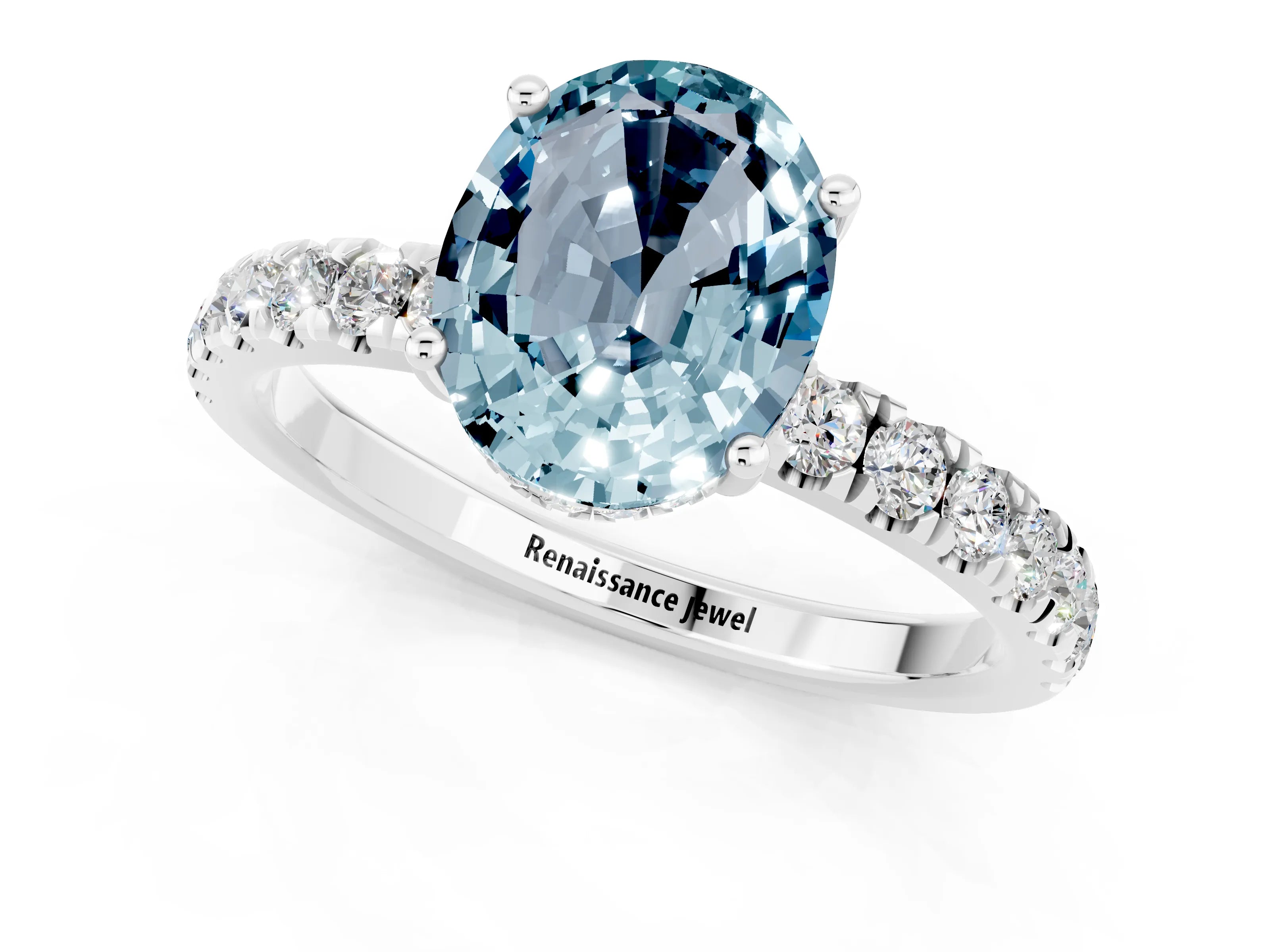 White gold Oval Cut Aquamarine Pave Band Solitaire Ring with Four-Prong Setting_25